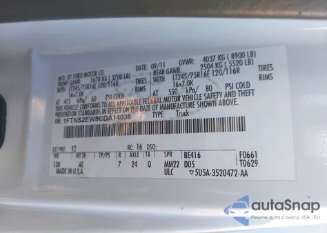 2012 Ford E-250 Commercial z USA, uszkodzony, nr VIN 1FTNS2EW8CDA14038